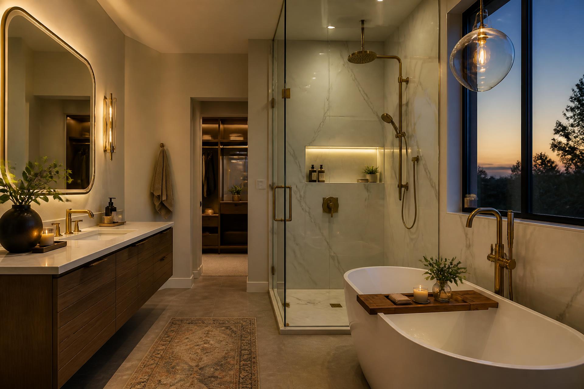Luxury bathroom remodel at dusk with marble walk-in shower, freestanding tub and brass fixtures