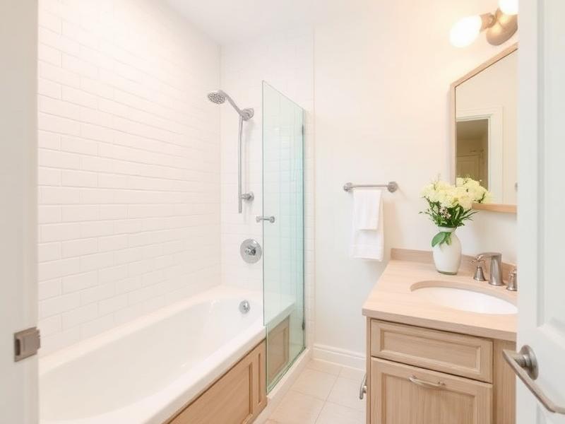 Bright guest bathroom with tub shower combo, white tile and light wood vanity